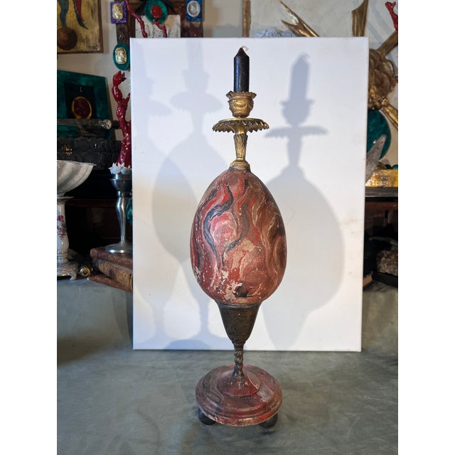 1950s Baroque Curiosity Cabinet Faux Rouge Marble Hand Painted Faux Ostrich Egg Candelholder For Sale - Image 5 of 10