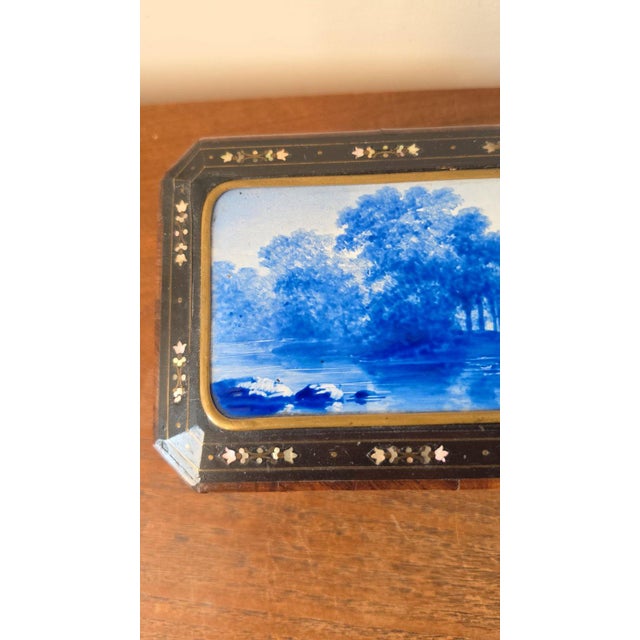 Wood Antique Victorian Jewelry Box Blue Porcelain Landscape Inlay Mother of Pearl Marquetry Wood Trinket Casket For Sale - Image 7 of 14