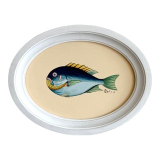 Original Hand-Painted Fish Painting in a Hand-Painted Oval Frame For Sale