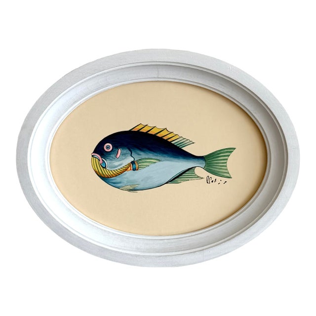 Original Hand-Painted Fish Painting in a Hand-Painted Oval Frame For Sale