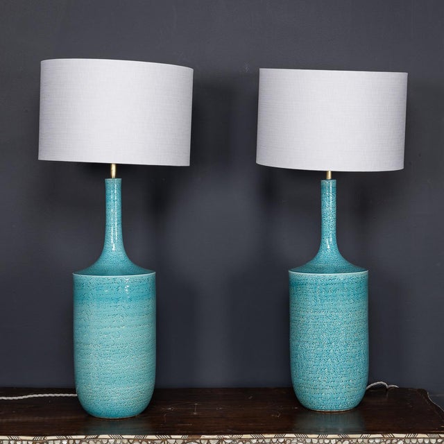 Vintage French Blue Ceramic Table Lamps, 1970, Set of 2 For Sale - Image 12 of 13