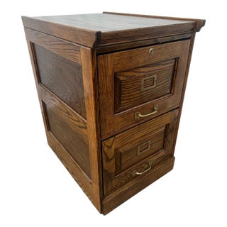 Vintage Tiger Oak File Cabinet Two Drawers One Locks Paneled Sides Legal Size For Sale
