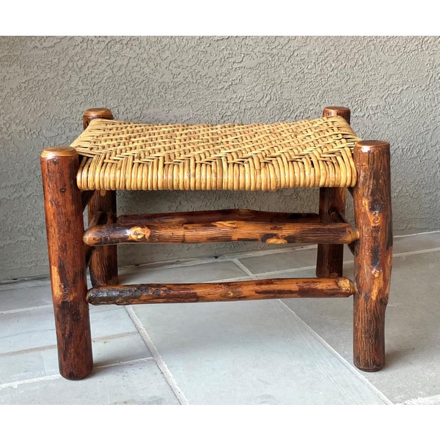 Rustic Chic Mid 20th-Century Hickory Wood & Handwoven Double Twill Plaited Cane Bench For Sale - Image 15 of 18