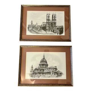 Vintage Antique St. Paul's Cathedral and Westminster Abbey Sketch in Gold Gilt Frame, 1960s - Set of 2 For Sale