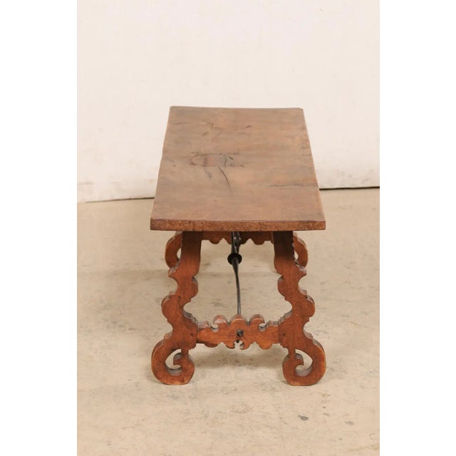 Antique Spanish Wooden Coffee Table with Carved Lyre-Legs and Iron Stretchers For Sale - Image 11 of 13