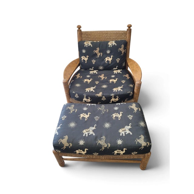 English Maitland-Smith British Colonial Cane Lounge Chair & Ottoman, C. 1990 For Sale - Image 3 of 16