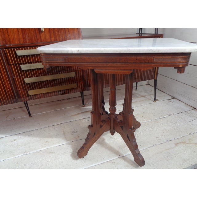 Walnut Table with Marble Top and Wheels from Eastlake, Late 19th Century For Sale - Image 15 of 15