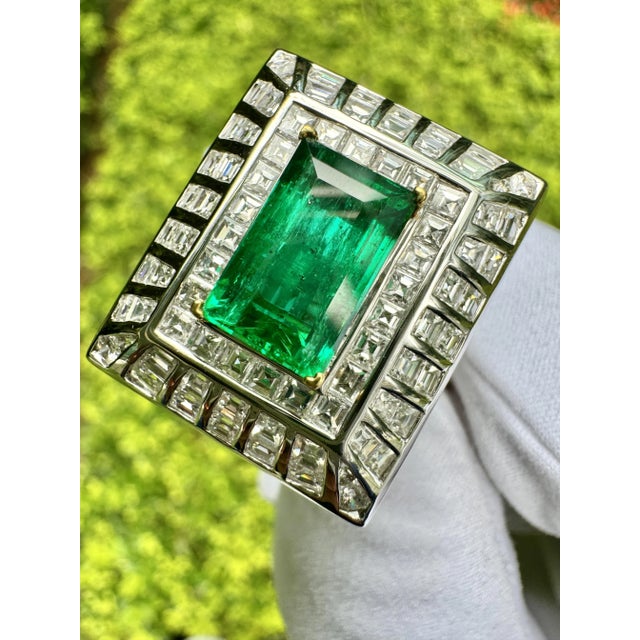 5.17 Carat Colombian Emerald & Baguette Diamond Rectangle Art Deco Frame Ring Size 6 For Sale - Image 9 of 10