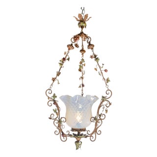 Italian Tole Lantern with Hand-Painted Floral Garland and Opaline Glass Shade For Sale
