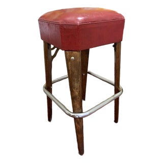Mid-Century Modern “Moderne Seating Co.” Red Leather Bar Stool – Chrome & Wood For Sale