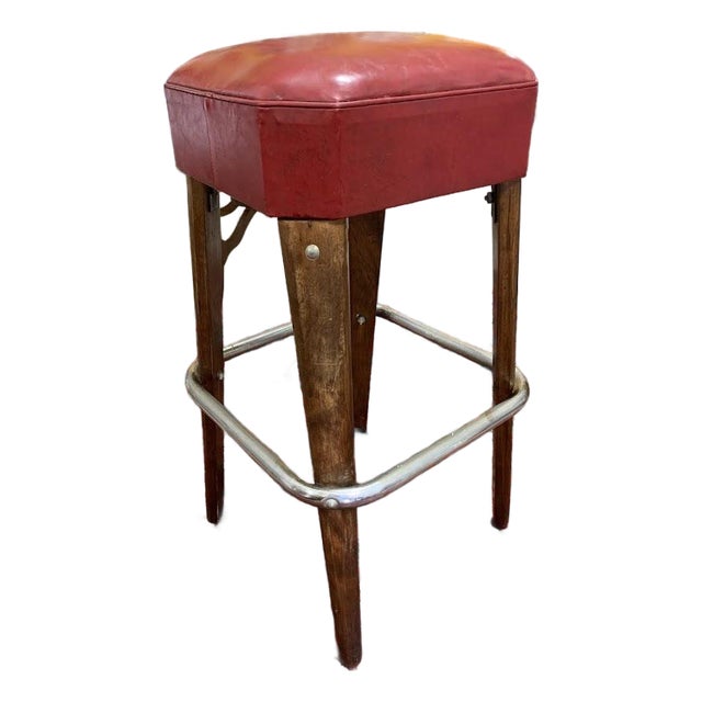 Mid-Century Modern “Moderne Seating Co.” Red Leather Bar Stool – Chrome & Wood For Sale