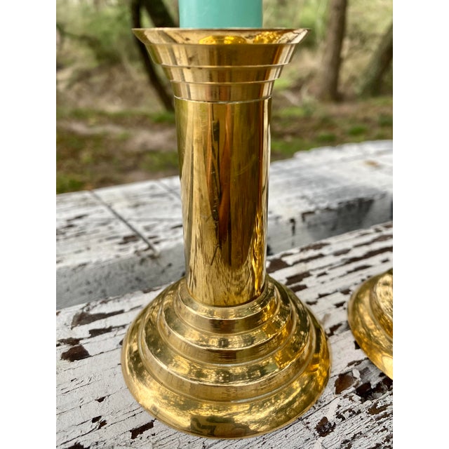 Contemporary Brass Post Modern Neoclassical Cylindrical Candle Holders, a Pair (After Michael Graves) For Sale - Image 3 of 10