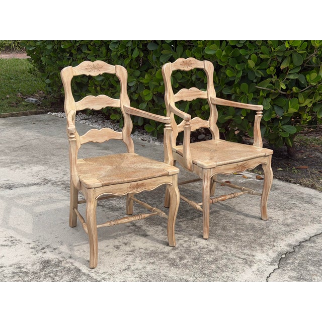 French Provincial Vintage Louis XV-Style Carved Accent Chairs With Rush Seats, Pair For Sale - Image 3 of 12