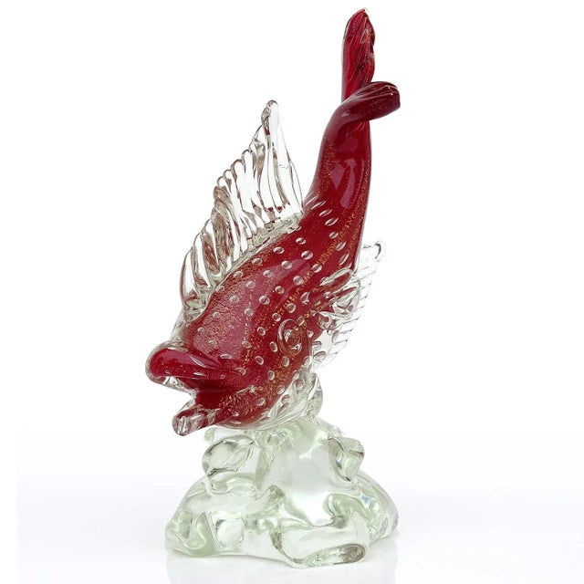 Beautiful, antique, early Murano hand blown Sommerso red, controlled bubbles and gold leaf Italian art glass fish...
