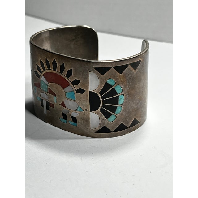 1980s Fred and Lolita Natachu Zuni Inlay Sterling Silver Cuff For Sale - Image 4 of 7