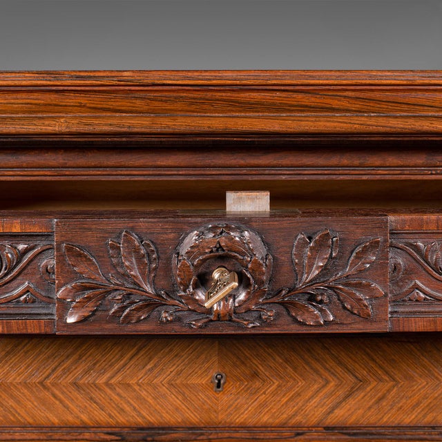 Antique Tallboy Correspondence Desk, French, Kingwood, Escritoire, Victorian For Sale - Image 10 of 12
