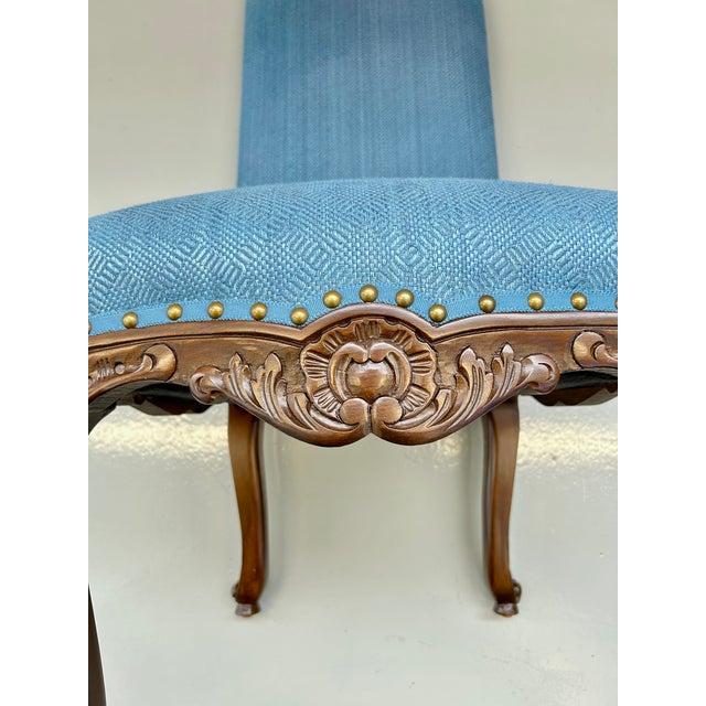 Wood Louis XV Dining Chair in Blue Upholstery For Sale - Image 7 of 11