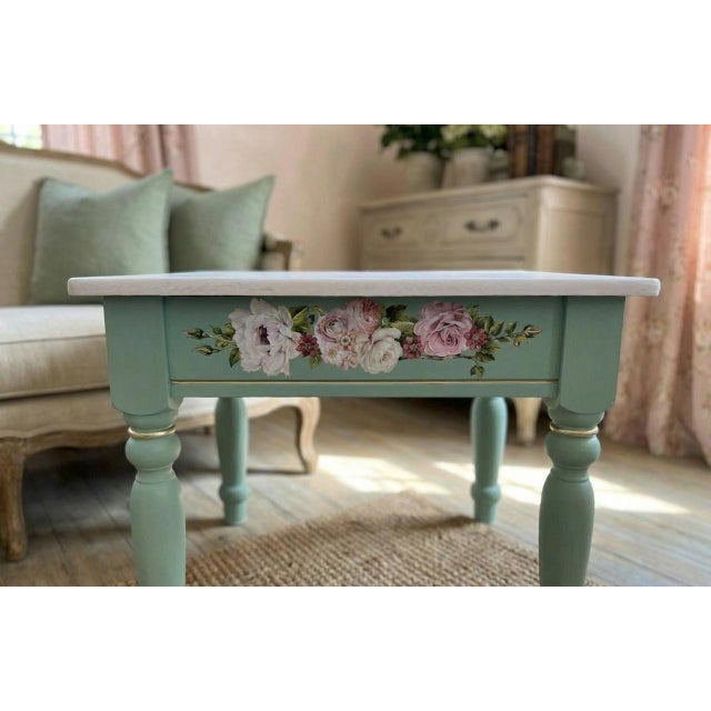 Pair of Hand-Refinished End Tables With Custom Soft Green Finish and Floral Detail For Sale In Houston - Image 6 of 10