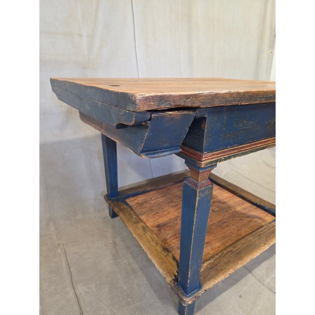Blue Antique European Rustic Painted Pine Baker's Table, Romania, 1761 For Sale - Image 8 of 18