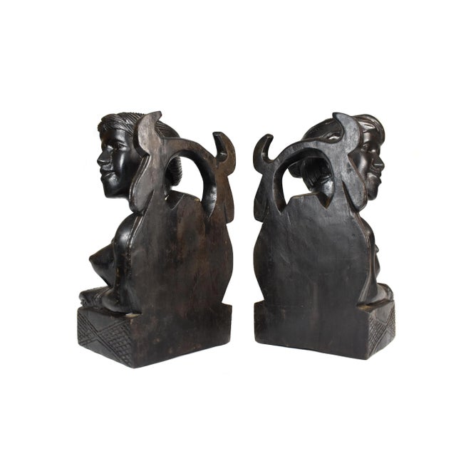 Tribal Vintage Early 20th Century Hand Carved Hardwood Pacific Islands Igorot Tribal Man & Woman Bust Bookends - Set of 2 For Sale - Image 3 of 13