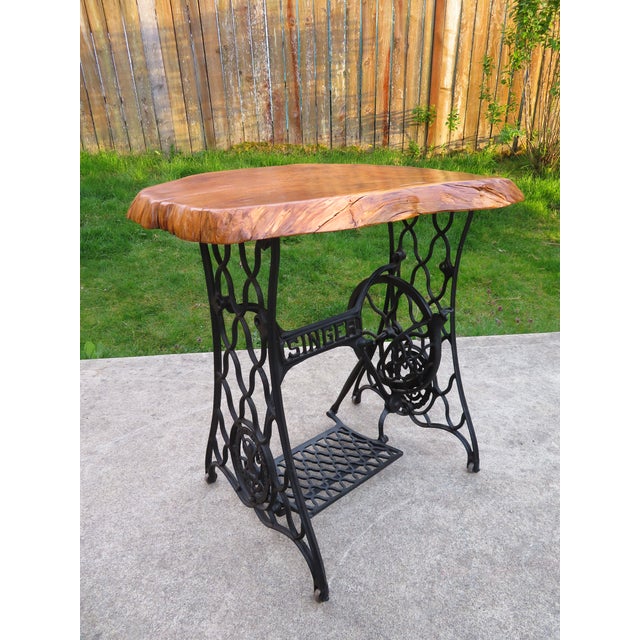 Antique Live Edge Cedar Wood Slab Side Table on Cast Iron Singer Treadle Base ~ Rustic Industrial Handmade Design For Sale - Image 11 of 15
