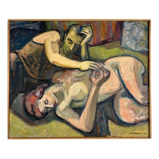 1954 Vintage Modernist Clothed Male Reclining Female Nude by Anthony A. Ferrara, Signed (Oil on Canvas, Framed) For Sale