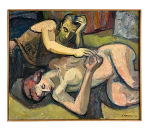 1954 Vintage Modernist Clothed Male Reclining Female Nude by Anthony A. Ferrara, Signed (Oil on Canvas, Framed)