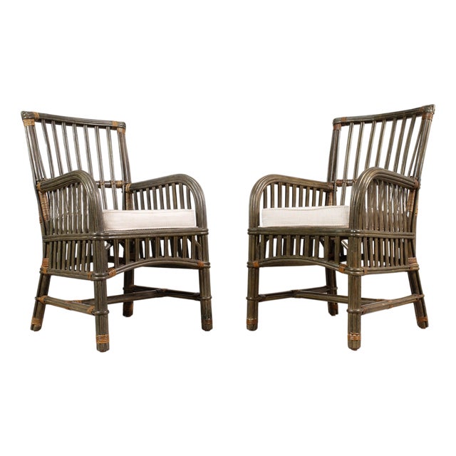 Pair Bielecky Brothers Organic Modern Rattan Dining Armchairs For Sale