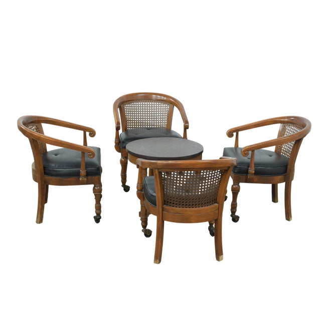 Henredon Vintage Heritage Henredon Leather Club Chairs With Round Accent Table Set of 5 For Sale - Image 4 of 8