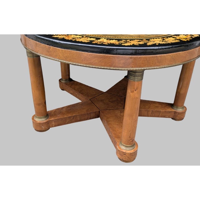 This antique center or side table showcases a highly refined, mediterranean design blending fine woodwork, painted lacquer...