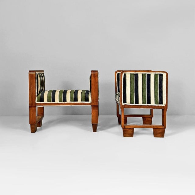 Italian Art Deco benches in fabric and wood, 1930s Pair of low Art Deco style seats made of solid wood, characterized by a...