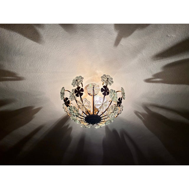 Vintage Water Green Floral Flush Mount Chandelier, Hand-Painted Glass Flower Ceiling Light, Mid-Century Brass Light Fixture - Pair For Sale - Image 9 of 17