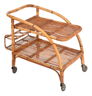 Midcentury French Riviera Rattan and Wicker Serving Bar Cart Trolley, 1960