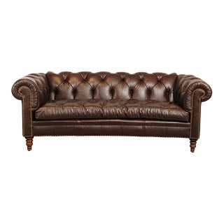Century Furniture Tufted Brown Leather Chesterfield Style Sofa For Sale