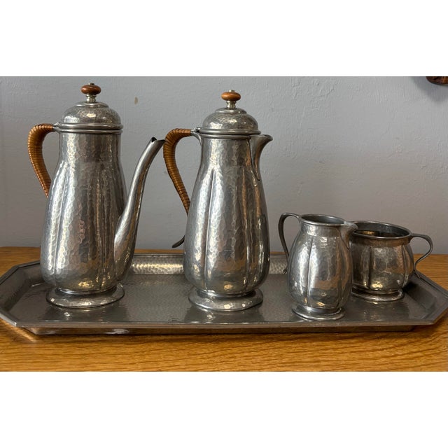 Wood Anitque English Tudric Pewter Ware Tea Service Set for Liberty and Co For Sale - Image 7 of 12