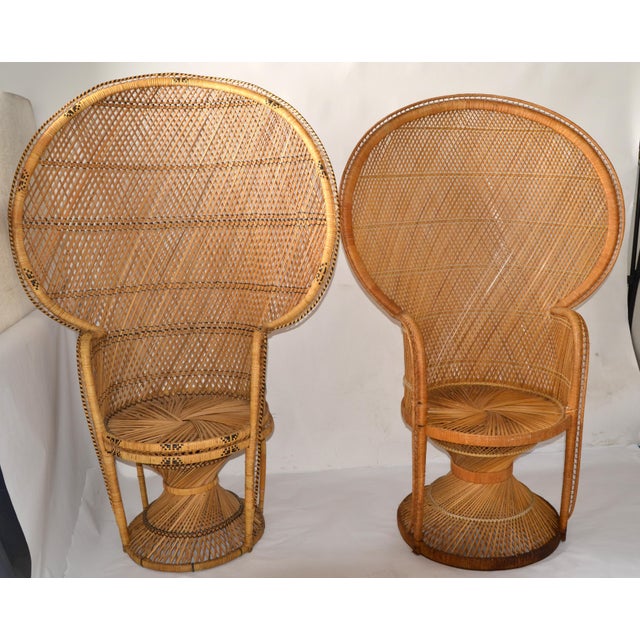Wood 1970s Him & Her Boho Chic Handcrafted Beige & Black Wicker, Rattan, Reed Peacock Chair For Sale - Image 7 of 10