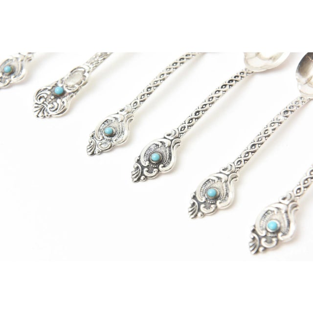 Modern Vintage Sterling Silver and Turquoise Demitasse and Serving Spoons Set of 14, Brazil For Sale - Image 3 of 10