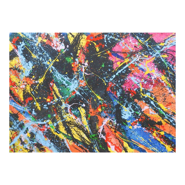 Abstract Style of Jackson Pollock Magenta Blue & Black Painting on Paper For Sale