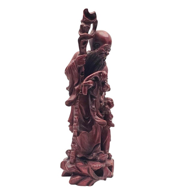 Mid Century Chinese Hand Carved Wood Figure of Shou Xing Longevity Deity 12.75" For Sale In San Francisco - Image 6 of 11