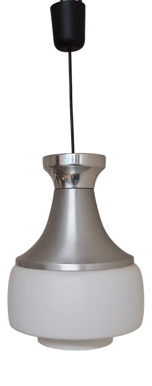 Vintage Aluminum Ceiling Lamp with Opaque White Glass Shade, 1970s