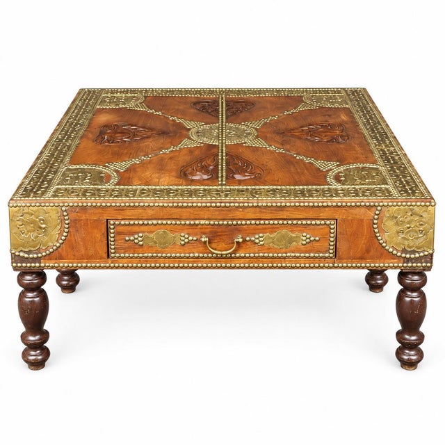 Mid-Century Anglo-Indian Carved Teak and Brass Coffee Table For Sale In Atlanta - Image 6 of 6