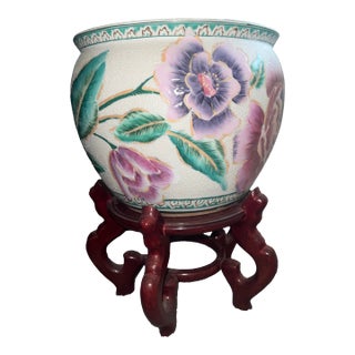 1900 - 1909 Vintage Chinese Porcelain Pottery Floral Decor Plant Vase Carved Wood Stand For Sale