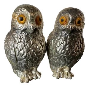 Italian Owl Shaped Salt and Pepper Shakers with Glass Eyes, 1970s, Set of 2