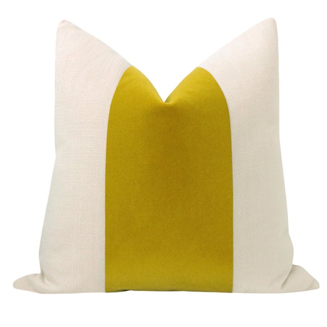 Pair of beautiful 22" natural linen pillows with a Chartreuse mohair velvet center and solid natural linen reverse....