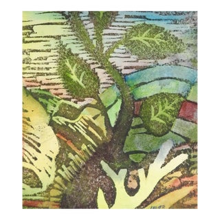 Vintage 1993 Hand Colored Abstract Botanical Lino Cut Print For Sale