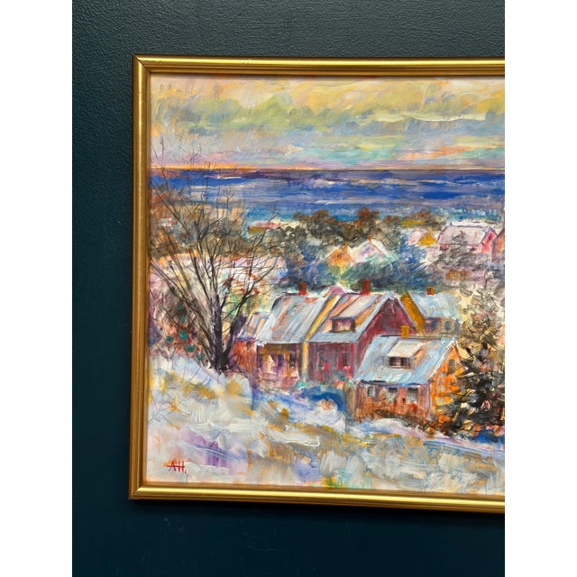 Original vintage scandinavian oil on canvas – “snow‑covered coastline” by alex hansen – monogrammed ah – framed – 53.5 ×...
