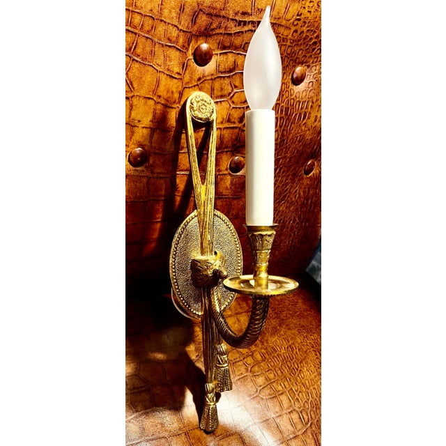 Vintage Solid Brass Electric Candle Stick Rope and Tassel Wall Sconce With Linen Shade For Sale In Los Angeles - Image 6 of 14