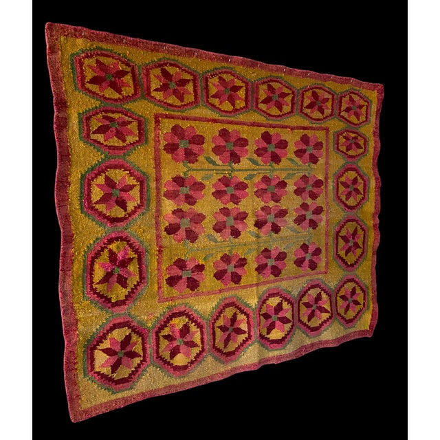 This large-scale Peruvian textile is an expressive example of traditional Andean folk weaving, featuring a rhythmic...