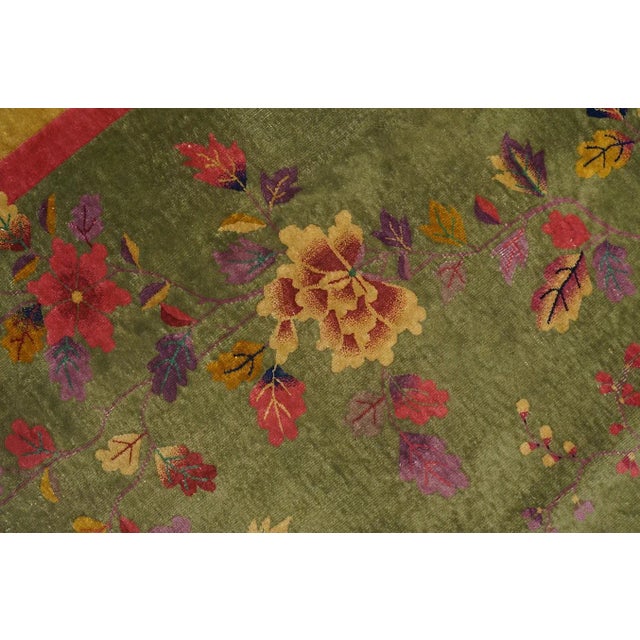 1920s Green Asparagus Vase Floral Antique Chinese Art Deco Rug 9' X 11' 6" Knotted Wool Carpet For Sale In New York - Image 6 of 9