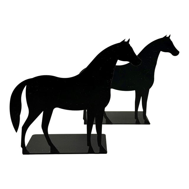 Vintage Black Metal Horse Bookends, Equestrian Library Decor For Sale